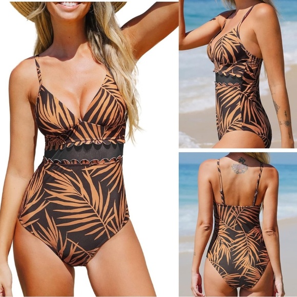 Cupshe Other - NWT Cupshe One Piece Retro/Vintage Autumn Leaves Scalloped Mesh Swimsuit L